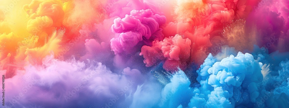 Fototapeta premium Color powder splash rainbow background paint holi smoke colour abstract. Powder color splash explosion dust ink burst splatter white texture isolated black spray party blue wallpaper cloud pink stain