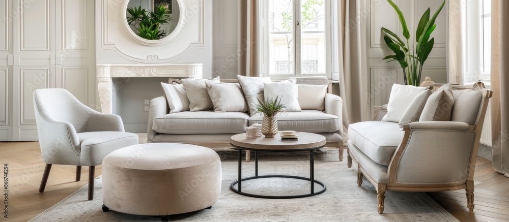Stylish beige armchair and pouf in elegant living room with grey settee and vintage decor Stylish beige armchair and pouf in elegant living room with grey settee and vintage decor