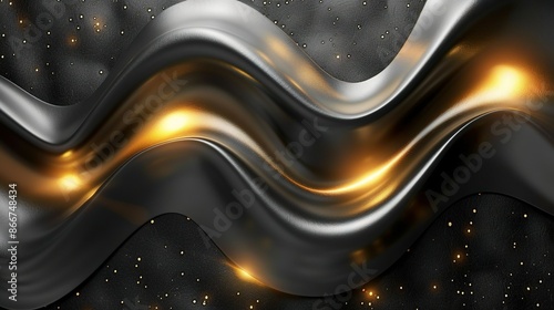  A black and gold abstract background with a wavy pattern and gold dots below the image