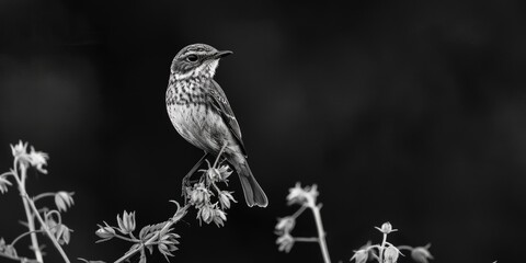 A black and white photograph of a bird sitting on a tree branch, with a simple and natural environment