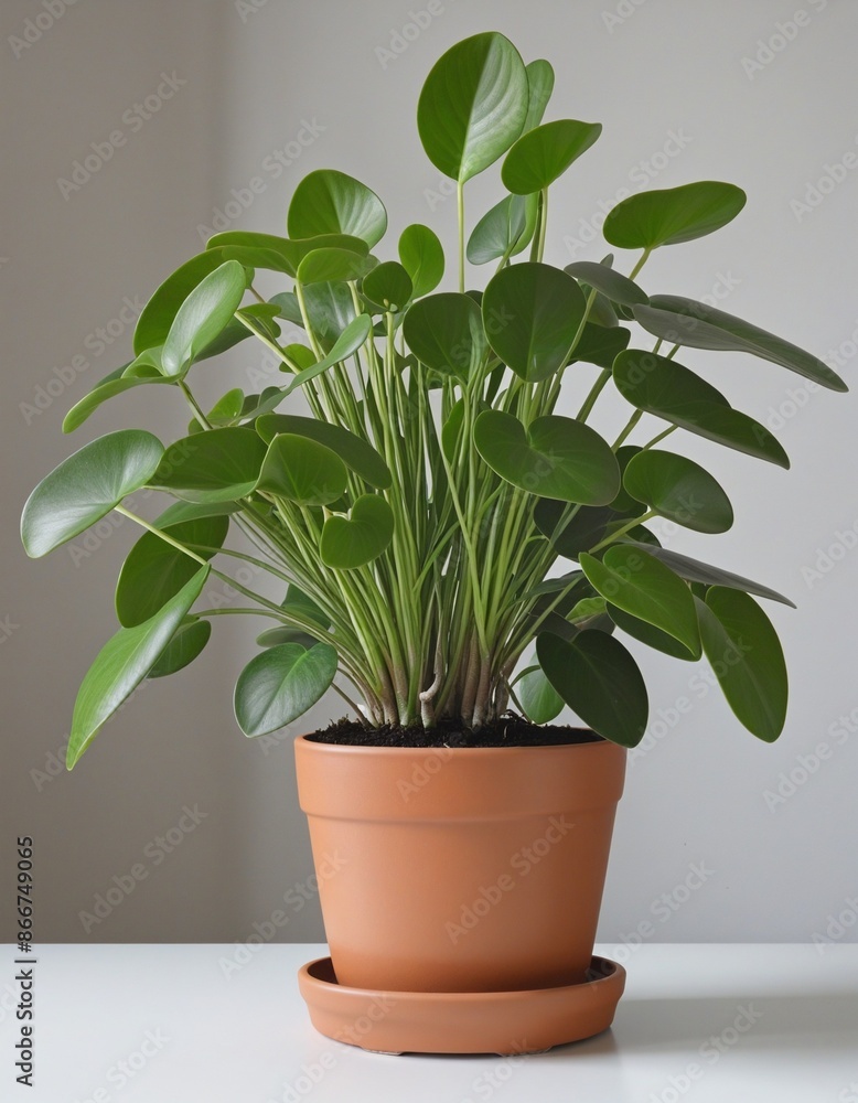 Top view of greenery-filled flowerpot - Pilea peperomioides Top view of greenery-filled flowerpot - Pilea peperomioides