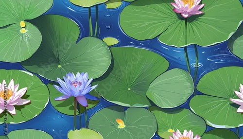 Vintage Floral Lily Pad Pattern with Blue Lotus Flowers in a Tropical Duck Pond Setting