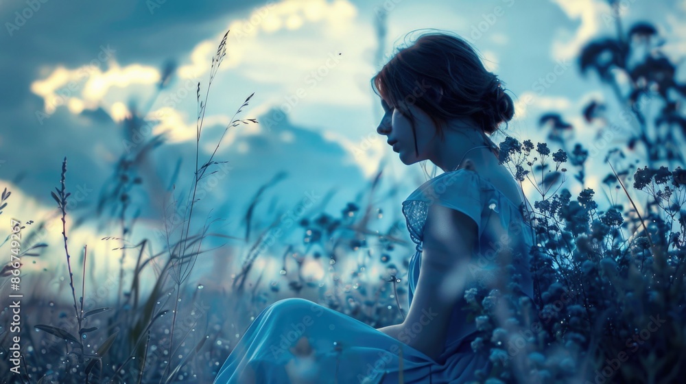 A woman sits amidst tall grass, possibly lost or enjoying the scenery A woman sits amidst tall grass, possibly lost or enjoying the scenery