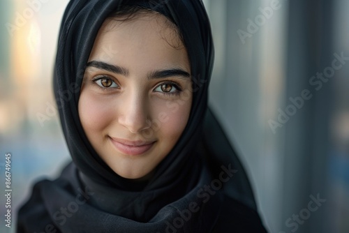 A woman with a black hijab smiling at the camera, a simple and intimate moment