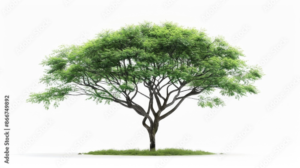Obraz premium A single tree with green leaves on a white background, perfect for use in interior design or lifestyle images