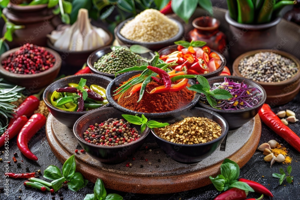 Colorful arrangement of various spices and herbs in bowls on a table, ideal for food photography or as a decorative element Colorful arrangement of various spices and herbs in bowls on a table, ideal for food photography or as a decorative element