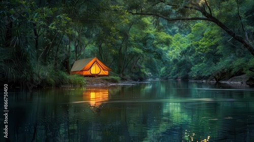 idyllic camping scene by tranquil river in lush forest cozy tent glows in twilight reflecting on water adventure and nature harmoniously blend © furyon