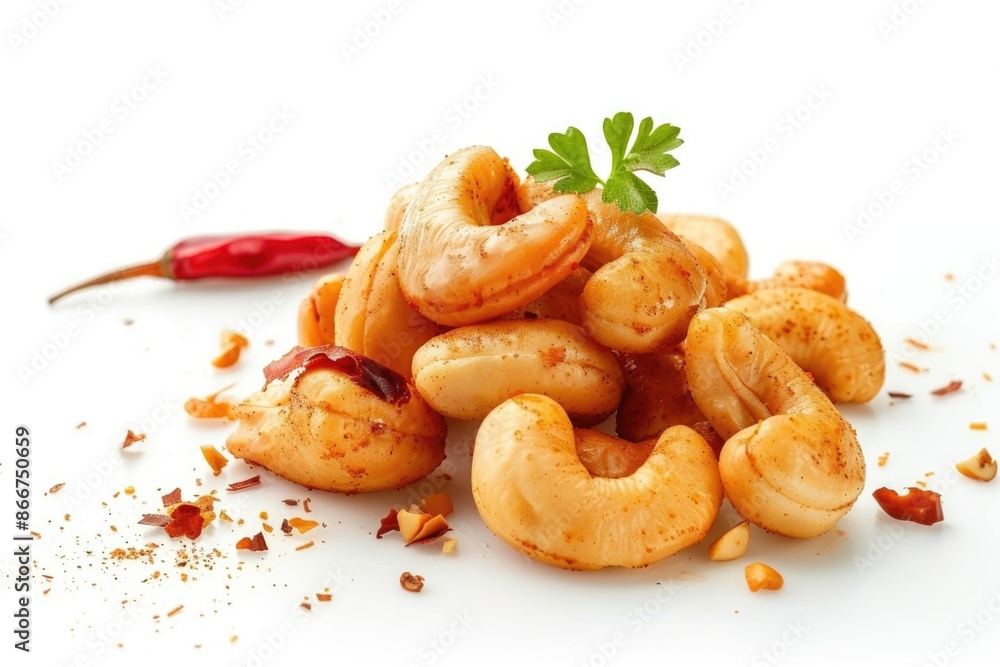 A vibrant arrangement of cashews and chilies on a white surface, perfect for food or nature photography A vibrant arrangement of cashews and chilies on a white surface, perfect for food or nature photography