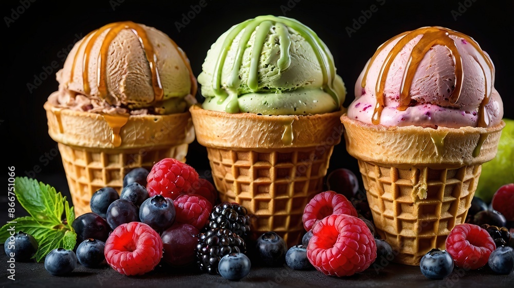 Ice cream cone different flavor with fruits and berries Ice cream cone different flavor with fruits and berries
