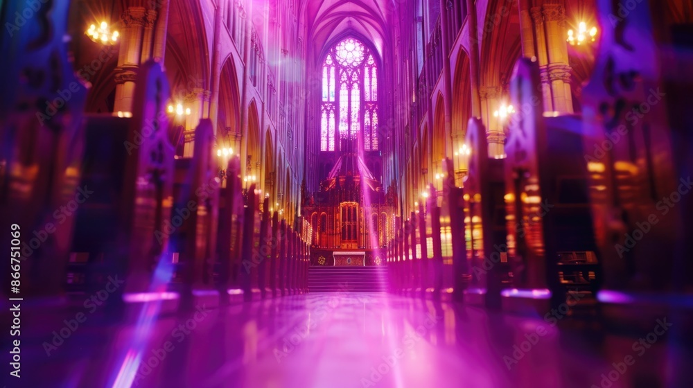 Obraz premium A church building lit up by a purple glow at night, possibly for an event or ceremony