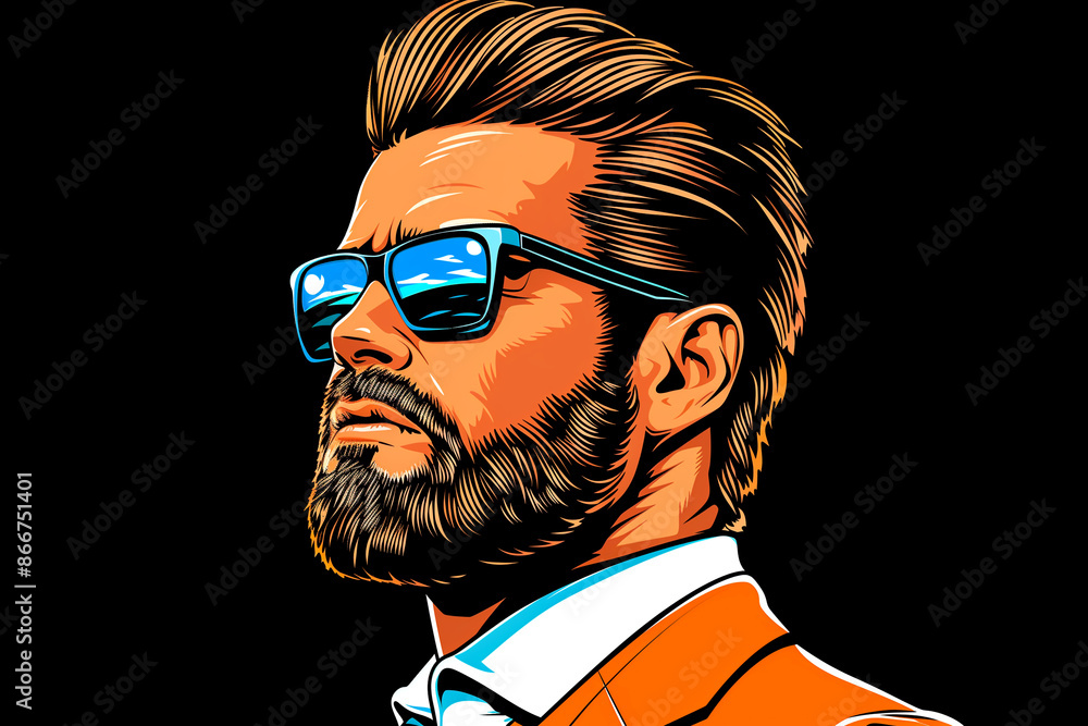 A man with a beard and sunglasses is wearing a white shirt and orange jacket A man with a beard and sunglasses is wearing a white shirt and orange jacket