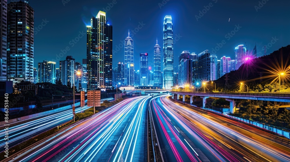 Fototapeta premium Urban glow: Headlights and light trails on a busy highway at night, leading to a brightly lit city skyline, showcasing the city's nighttime vibrancy
