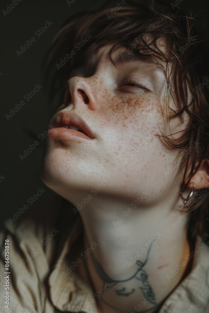 Close-up shot of a person's face with visible freckles, suitable for use in beauty or lifestyle content Close-up shot of a person's face with visible freckles, suitable for use in beauty or lifestyle content