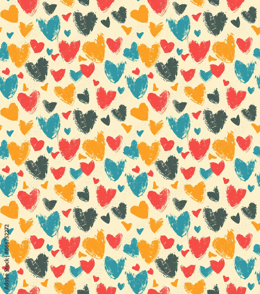 seamless Colorful Heart Pattern on Cream Background. Vibrant hearts in red, blue, yellow, and gray on a cream background, creating a lively and playful pattern.
seamless Colorful Heart Pattern on Cream Background. Vibrant hearts in red, blue, yellow, and gray on a cream background, creating a lively and playful pattern.