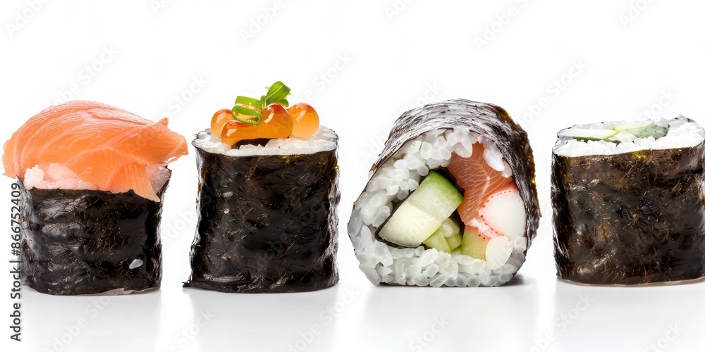 Sushi Rolls with Salmon, Rice, Chopsticks on White Background, AI Generative Sushi Rolls with Salmon, Rice, Chopsticks on White Background, AI Generative