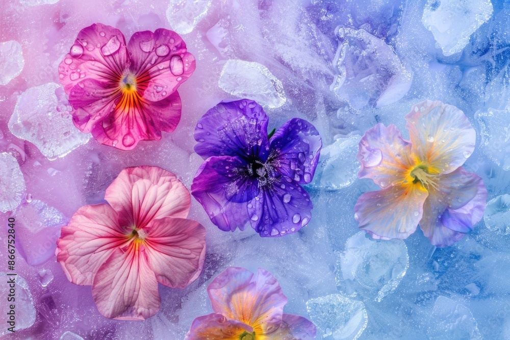 A bouquet of flowers sits atop a block of ice, creating a unique and wintry scene A bouquet of flowers sits atop a block of ice, creating a unique and wintry scene