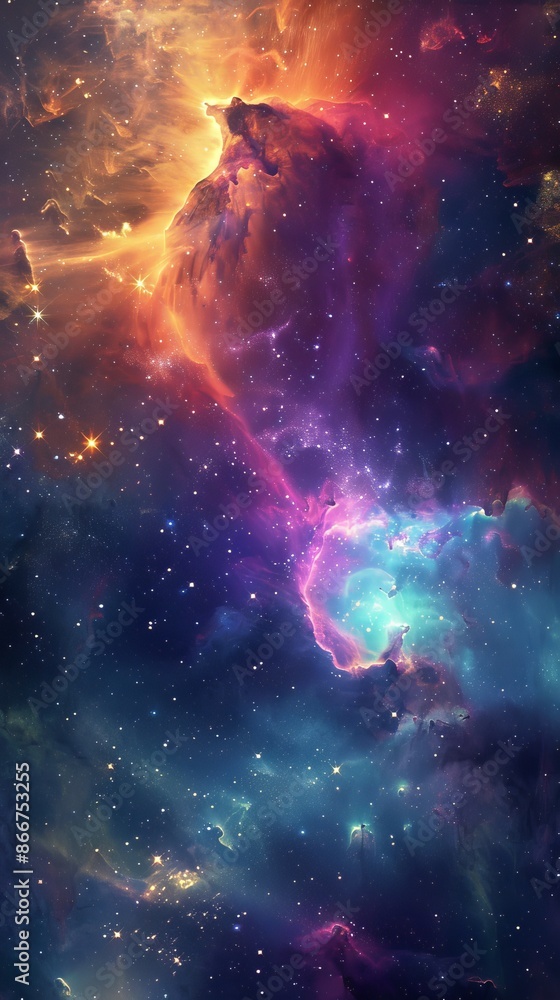 Obraz premium Celestial nebula with vibrant colors and stars, cosmic space view. Astronomical beauty and exploration concept