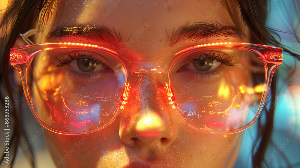 Woman Wearing Pink Glasses In Neon Lights Woman Wearing Pink Glasses In Neon Lights
