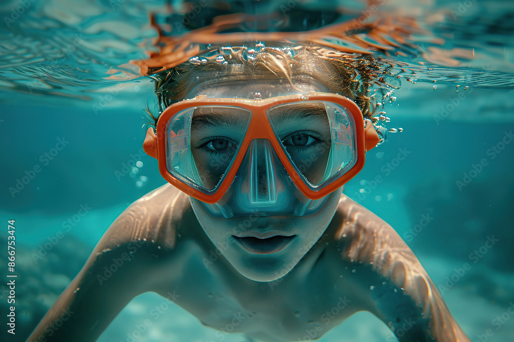 Naklejka premium Underwater photo of young child boy swimming near corals and reefs