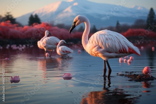 Arusha, Tanzania, Natron Lake, with alkaline waters and flamingos., generative IA photo