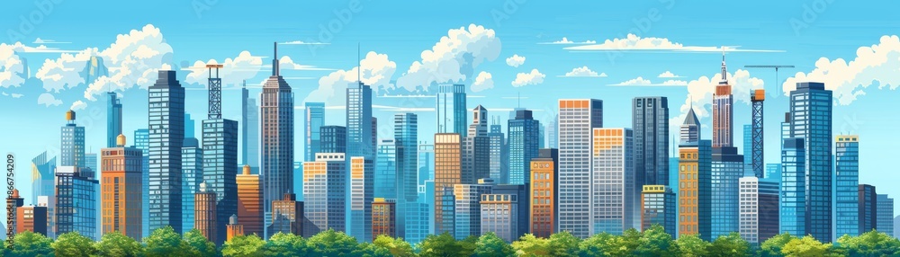 A cityscape with tall buildings under a bright blue sky. A cityscape with tall buildings under a bright blue sky.