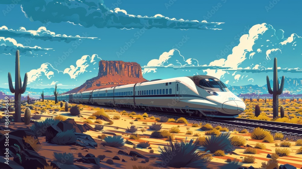 Fototapeta premium A high-speed train races through a desert landscape with towering rock formations and cacti.