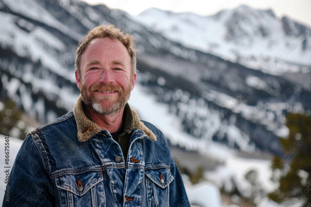 Portrait of a grinning caucasian man in his 40s sporting a rugged denim jacket on snowy mountain range Portrait of a grinning caucasian man in his 40s sporting a rugged denim jacket on snowy mountain range