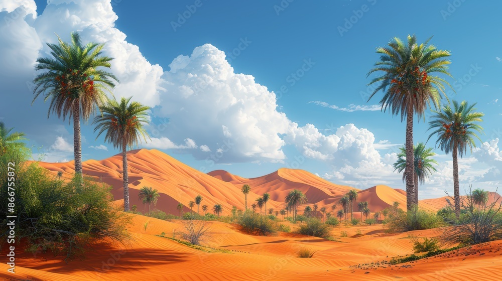 Illustration vast desert with rolling sand dunes, an oasis with palm trees under a bright blue sky. 