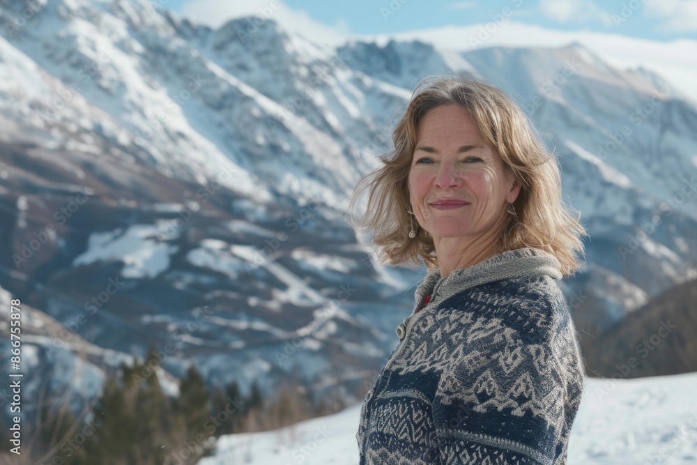 Portrait of a satisfied caucasian woman in her 50s dressed in a comfy fleece pullover isolated in snowy mountain range Portrait of a satisfied caucasian woman in her 50s dressed in a comfy fleece pullover isolated in snowy mountain range