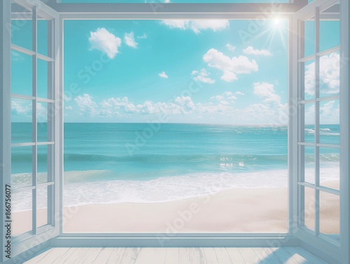 A picturesque view of a tranquil beach with gentle waves, seen through an open window, under a bright, sunny sky. © cherezoff