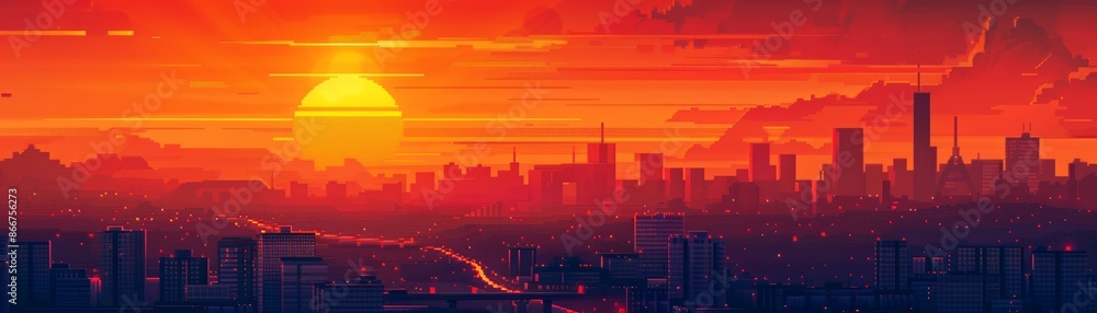 Sunset over a city skyline with a fiery orange and red sky. Sunset over a city skyline with a fiery orange and red sky.