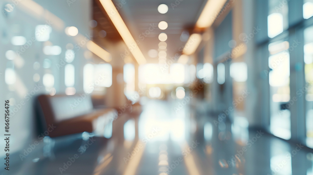 Fototapeta premium Blurry glass wall of modern office building at the business center used for background in business concept. Blur corporate business office. Abstract office windows background