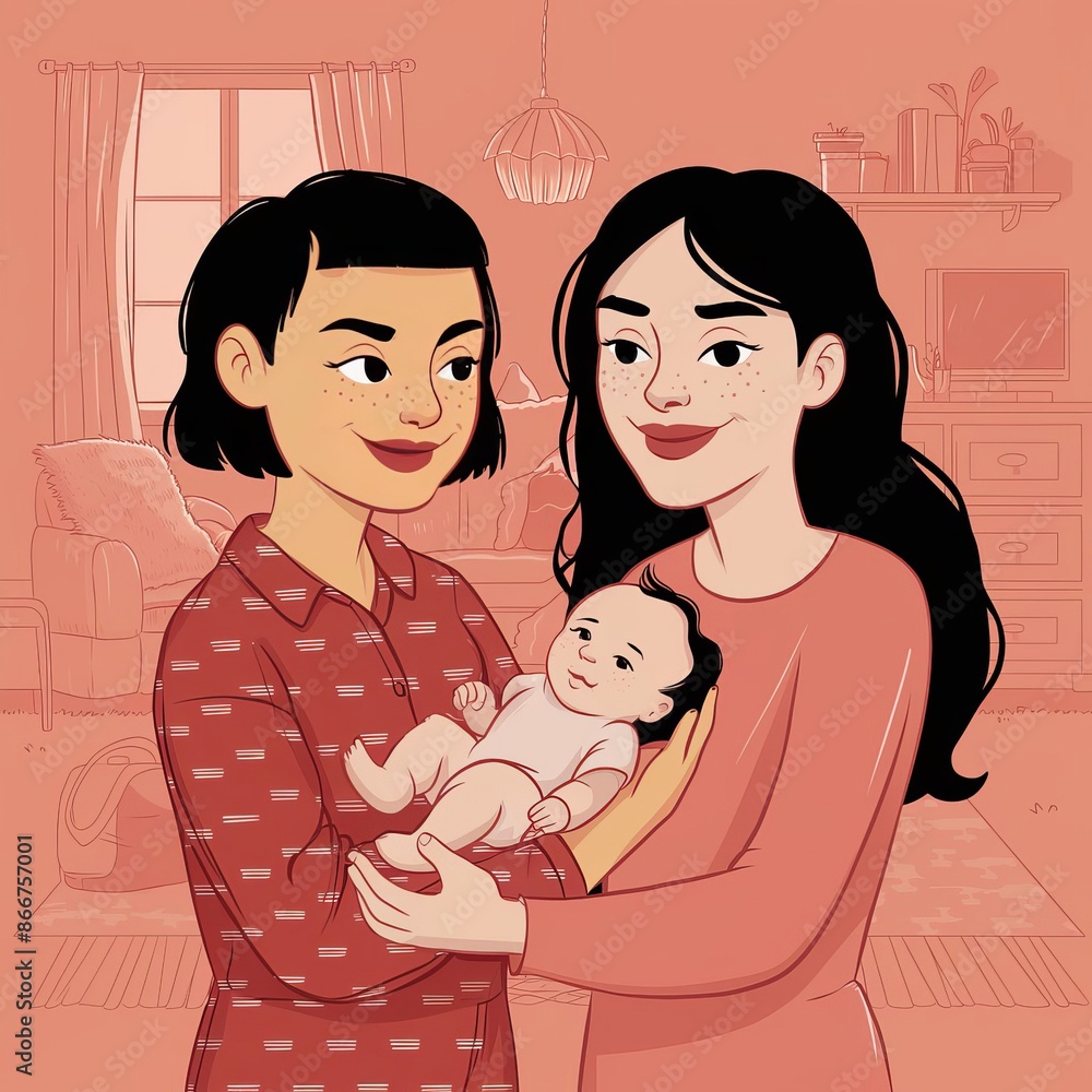 A couple of lesbian girls are holding a child in their arms. Illustration in flat art style A couple of lesbian girls are holding a child in their arms. Illustration in flat art style