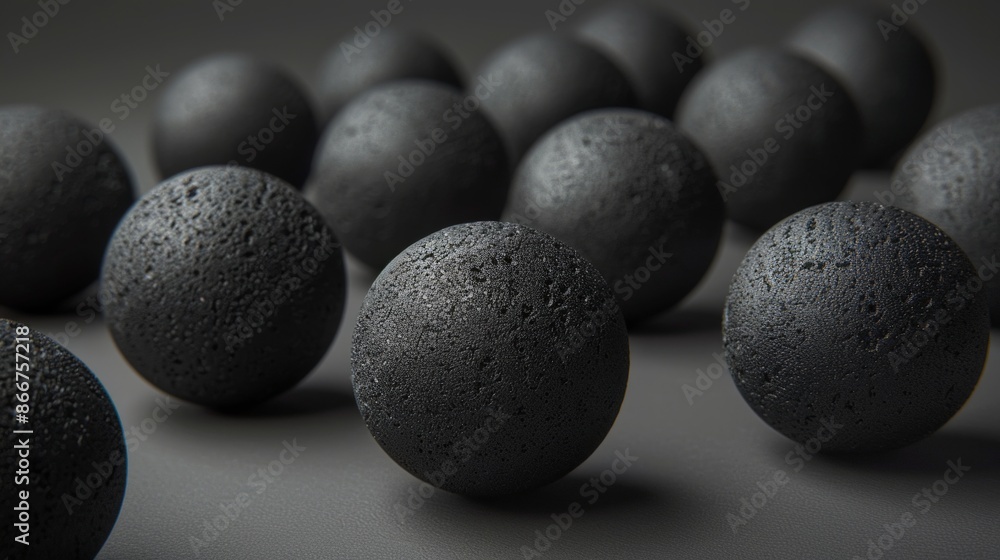 close-up image of black, textured spheres arranged on a dark gray surface. close-up image of black, textured spheres arranged on a dark gray surface.