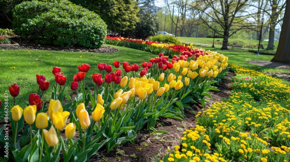 Tulips in shades of yellow and red are featured in the spring flower beds Tulips in shades of yellow and red are featured in the spring flower beds