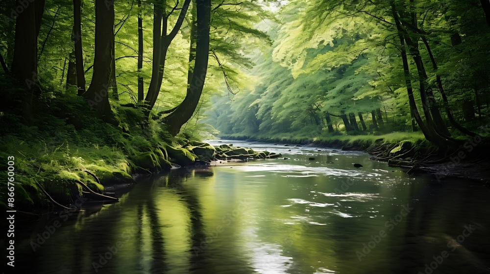 Obraz premium A calm river flowing through a dense forest in spring