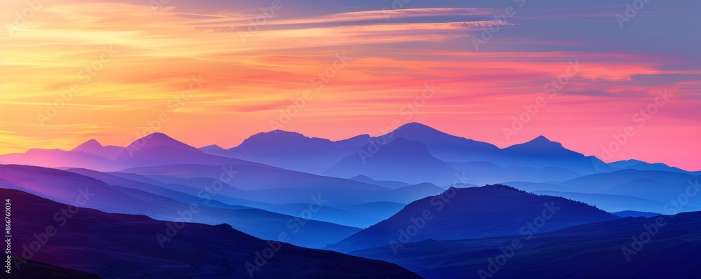 Sunset over layered mountain ranges in shades of blue and purple Sunset over layered mountain ranges in shades of blue and purple