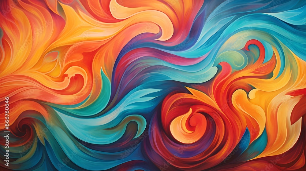 A colorful abstract painting with swirling patterns A colorful abstract painting with swirling patterns