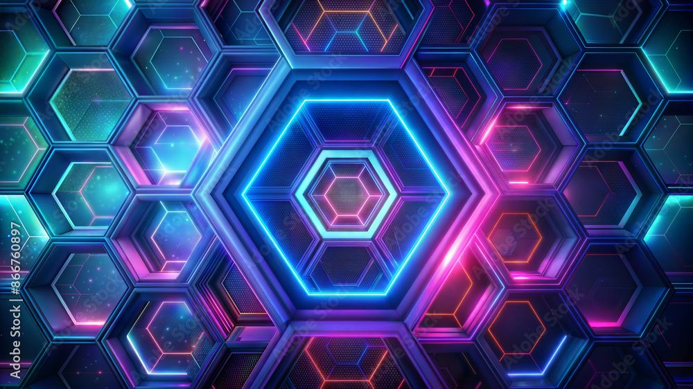 A colorful neon-lit hexagon with a blue center A colorful neon-lit hexagon with a blue center