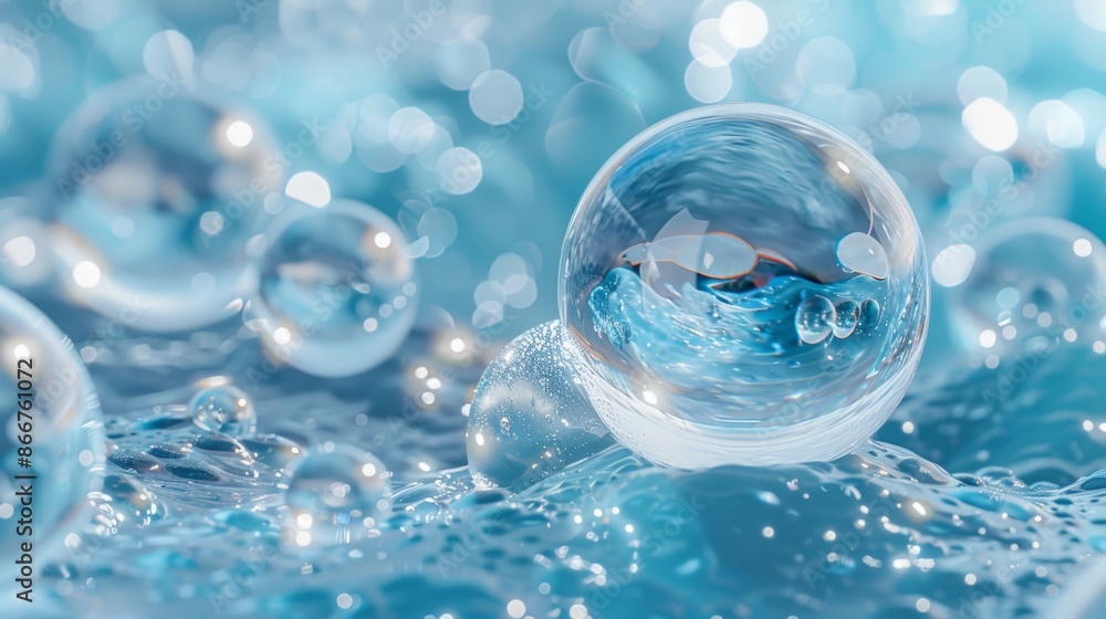 close-up of a large, spherical bubble resting on a bed of smaller bubbles. The surface of the bubble reflects the surrounding water, creating a mesmerizing effect. close-up of a large, spherical bubble resting on a bed of smaller bubbles. The surface of the bubble reflects the surrounding water, creating a mesmerizing effect.