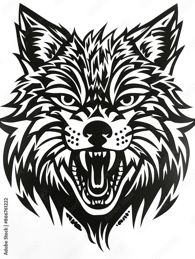 Obraz premium A black and white drawing of a wolf with its mouth open and teeth bared