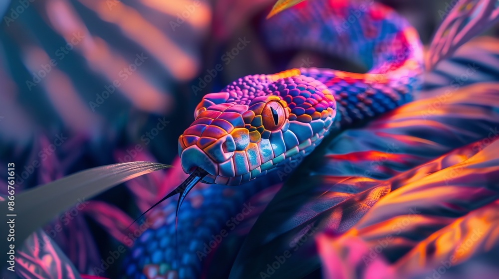 Obraz premium A colorful snake 2025 symbol is shown in a jungle setting. Zodiac sign according to the Chinese horoscope.