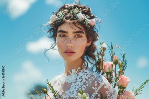 A bride adorned with a floral crown and dressed in intricate lace stands gracefully in a blooming, colorful flower field, radiating elegance and serenity under a vibrant blue sky. photo