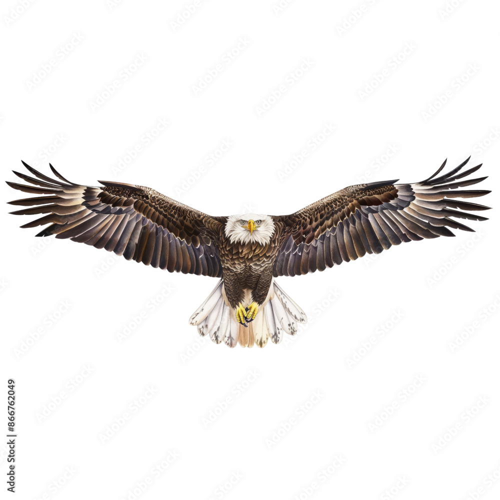 Obraz premium A soaring eagle, bird of prey element, realistic illustration, muted colors, isolated on white background