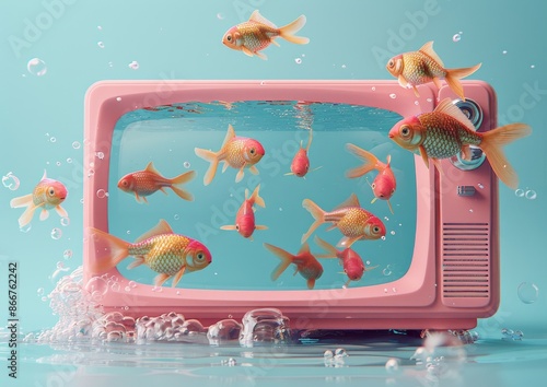 A whimsical pink vintage television converted into an aquarium, with goldfish swimming and playfully jumping out into bubbles, all against a teal background, creating a vibrant and imaginative scene.