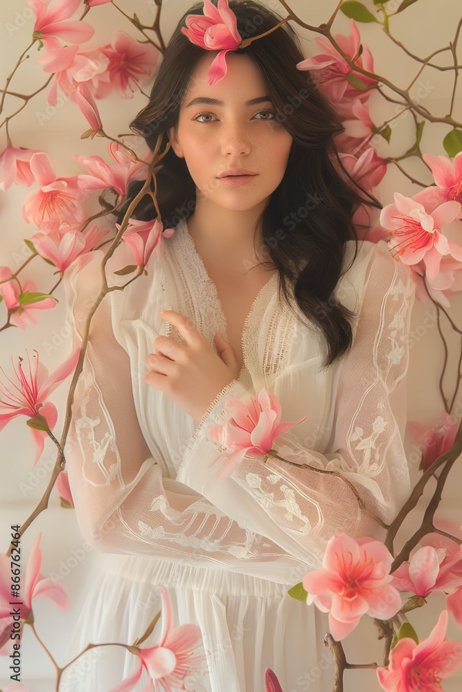 A graceful woman wearing a delicate white dress stands amidst a vibrant display of pink flowers, portraying elegance and serenity through a soft, blooming floral setting. A graceful woman wearing a delicate white dress stands amidst a vibrant display of pink flowers, portraying elegance and serenity through a soft, blooming floral setting.