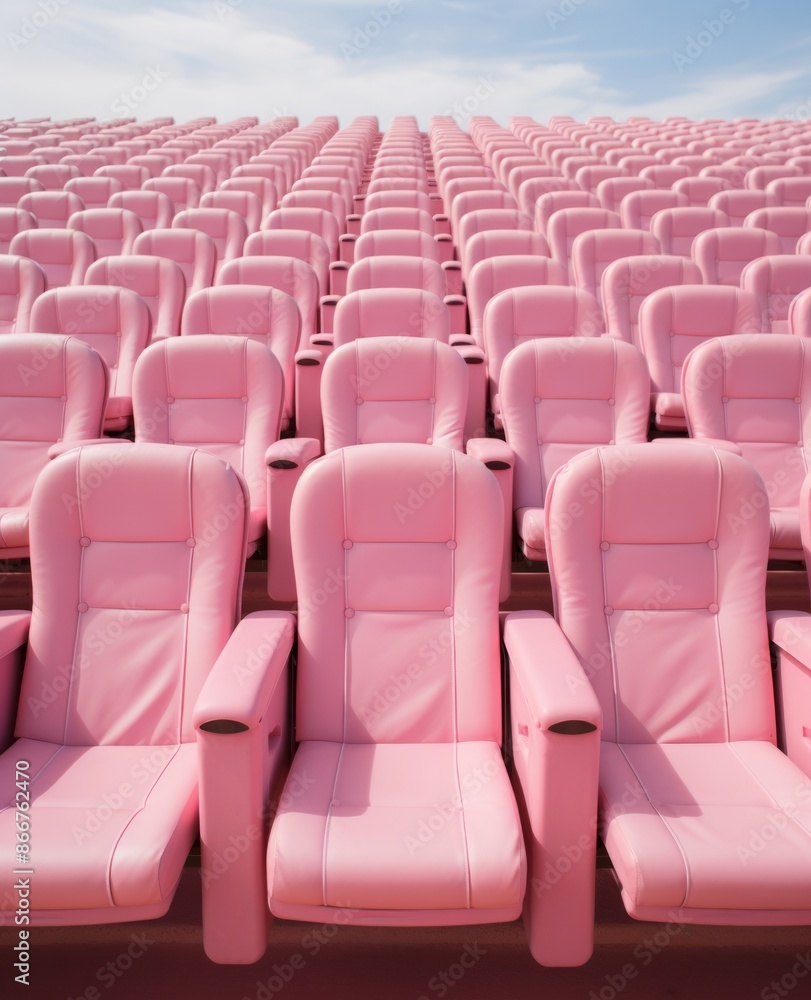 Fototapeta premium An outdoor open-air theater featuring multiple rows of pink seats, stretching under a clear blue sky, providing a unique and colorful seating arrangement for an outdoor experience.