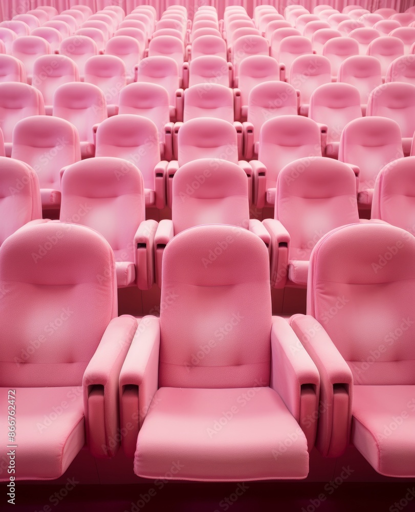 Naklejka premium An image showcasing pink theater seats meticulously aligned in symmetrical rows within a structured theater setting, creating a striking and organized visual effect.