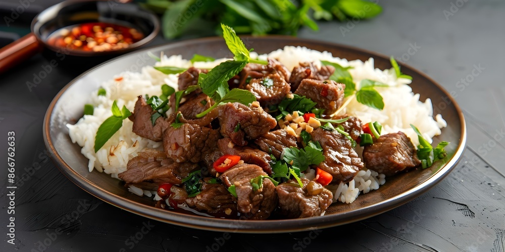 Cubed beef rice with Vietnamese bo luc lac on a plate. Concept Vietnamese cuisine, Bo Luc Lac recipe, Cubed beef rice, Asian cooking, Food presentation Cubed beef rice with Vietnamese bo luc lac on a plate. Concept Vietnamese cuisine, Bo Luc Lac recipe, Cubed beef rice, Asian cooking, Food presentation