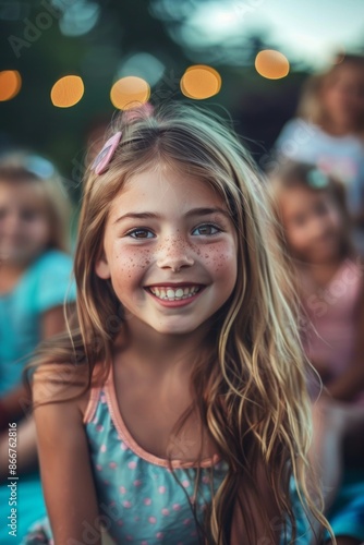 A beaming girl with freckles is joyously smiling in a night garden setting, surrounded by soft lights creating a dreamy, magical ambiance, enhancing the enchantment of the scene.